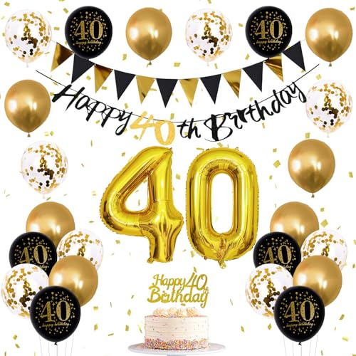 Jobkoo Black and Gold 40th Birthday Party Decorations - Birthday Banner, Balloons, Cake Topper for Men and Women