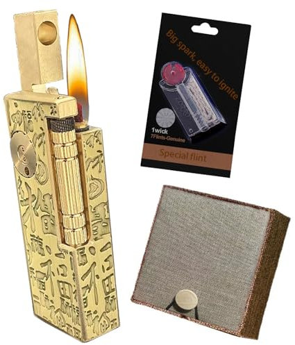 Vintage-Trench-Benzinfeuerzeug, Messing-Trench-Kerosinfeuerzeuge, nachfüllbar, Feuerzeug mit weicher Flamme und Feuersteinen, Geschenk-Zubehör-Set (ohne Benzin verkauft)(Gold 2)