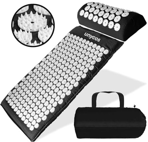 unycos - Akupressur-Set, Akupressurmatte mit Kissen【Inklusive Tragetasche】Akupunkturmatte gegen Nacken- und Rückenschmerzen, Blumenfeldmatte, Nadelreizmatte, 179-Pin 33-Punkt-Massagematte (Dunkelgrau)