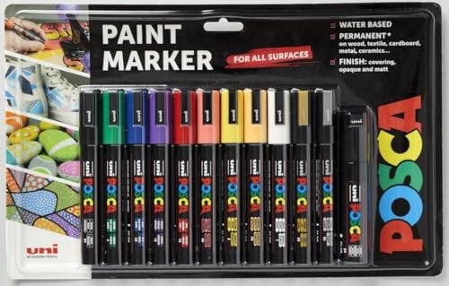 Posca Lot de 12 marqueurs permanents à pointe moyenne à base d'eau, parfaits pour la peinture sur roche, toile, verre, bois, métal, tissu, coloriage, loisirs créatifs pour enfants et adultes,
