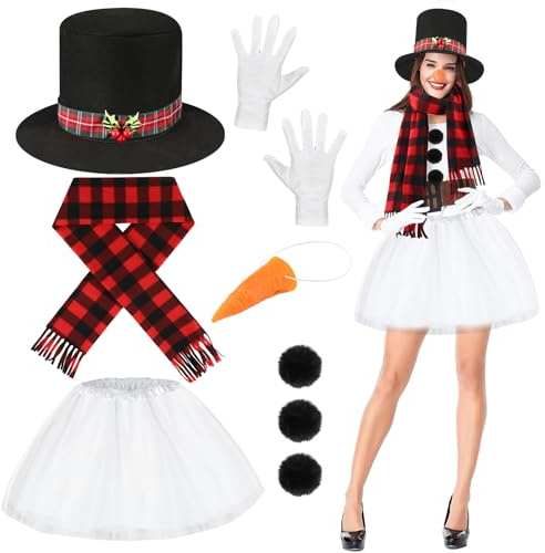 Beipegin Schneemann Kostüm Damen,Kostüm Schneemann Tutu Rock Hut Schal Bommeln Karottennase Weihnachtskostüm Faschingskostüme Snowman Karneval Lustige Kostü