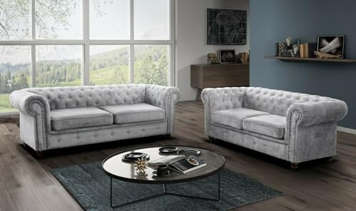 Easy4You Chesterfield Silber Set 3-Sitzer + 2-Sitzer Sofa Sofas für Wohnzimmer Sofagarnituren mit Holzfüße Set Sofas & Couches