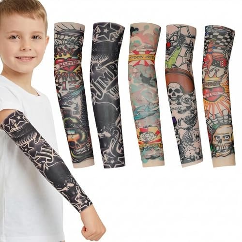 AXKIIN Tattoo Ärmel Kinder 5 Stück Tattoo Sleeve Outdoor UV Schutz Arm Tattoo Armstrumpf Nylon Tattoo Strumpf für Rockstar Kostüm Karneval Fasching Party