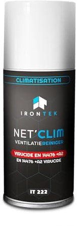 IRONTEK - Net'Clim Virucide - Bactéricide en 1276 et en 13697 - Fongicide en 1650 et en 13697 - Parfum Menthol - 125ml