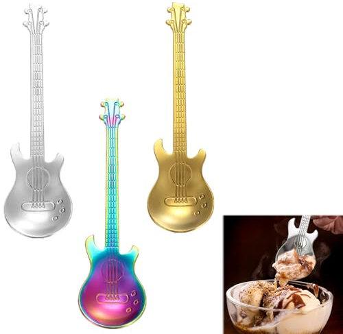 Rakiuty 3PC Edelstahl Gitarren Kaffeelöffel, Modisch, Rostfrei, Spülmaschinenfest, Ideal für Kinder und Gitarristen
