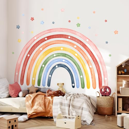 Tanlaby Wandtattoo Regenbogen Groß 195x119cm Wandsticker Kinderzimmer Wandaufkleber Regenbogen Sterne Aquarell Wanddeko Babyzimmer Mädchenzimmer Schlafzimmer Klassenzimmer Deko