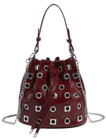 JIABAOZ Beuteltasche Mit Nieten, Tasche Rot Nieten, Rucksack Und Tasche 2 In 1 Damen, Schultertasche Mit Hohlnieten, Gotische Dek, Leder, Beuteltasche Damen (Weinrot)