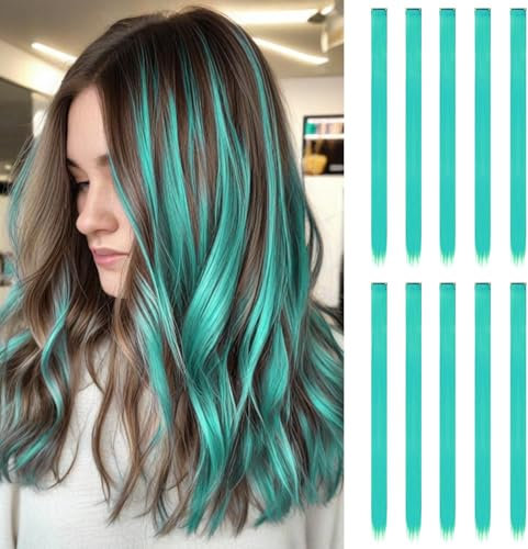 10 Stück Haarsträhnen zum Einklipsen | 55 cm Farbige Clip in Extensions | Langes glattes Bunte Haarsträhnen Kinder | Haarschmuck Mädchen (Türkis)