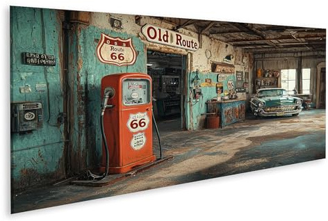 islandburner Bild auf Leinwand Klassische Route 66 Tankstelle und Oldtimer für Wohnzimmer Oldtimer-Enthusiasten Autohaus Bilder Wandbilder Poster