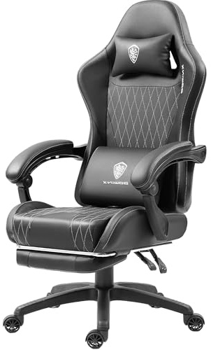 Dowinx Chaise de gaming avec coussin à ressorts ensachés, chaise de jeu de massage en cuir avec appuie-tête, chaise d'ordinateur ergonomique avec repose-pieds 290 LBS, noire