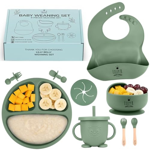 Baby Weaning Set – 9pc BPA Free Silicone Weaning Set with Suction Weaning Plate, Weaning Bowls, Sippy Cup, Weaning Bib, Weaning Spoons – Baby Led Weaning Kit for Babies & Toddlers (Sage Green)