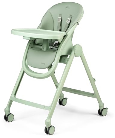 PEG Living Hochstuhl ab Geburt, Zeitgemäßes Design, Liegefunktion, Höhenverstellbar, Doppelttablett, 4 Räder 360°, Kompakte Faltung, 0–3 Jahre (0–15 kg), Sage