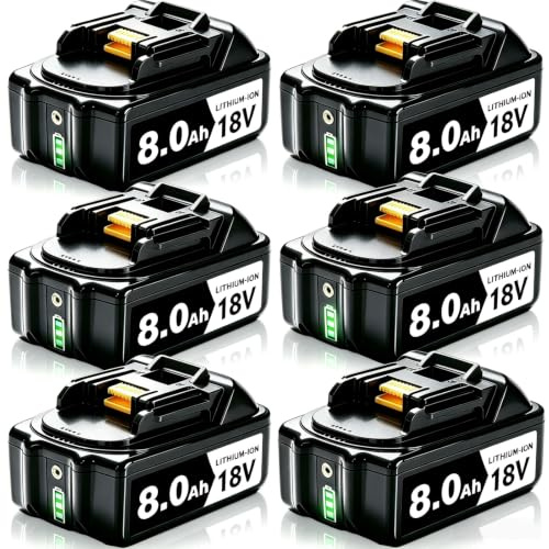 6 x 8.0 Ah/8000mAh Ersatzakku für Makita Akku 18v Li-Ionen mit LED-Anzeige | Akku für Makita Akku BL1860B BL1860 BL1850 BL1845 BL1890 BL1415 194205-3 LXT-400 Kompatibel with DC18RD/DC18RC Ladegerät