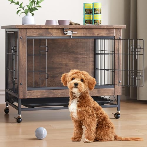 GarveeHome Hundekäfig Möbel aus Holz, Einfache Hundebox mit 2 Türen, Haustierkäfig mit Rollen UNH Ausziehbares Tablett Leicht zu Reinigende bissfest Hundebox Indoor für Hunde,67x50x65cm