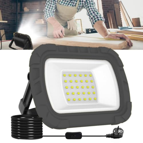CORESLUX LED Baustrahler, 10W 1000LM Arbeitsleuchte mit Haken, 1.8M Kabel | 6500K Kaltweiß, 180° Neigbar, Werkstattlampe mit Standfuß, Stativgewinde, Kompakte Bauleuchte für Garage, Keller, Reparatur