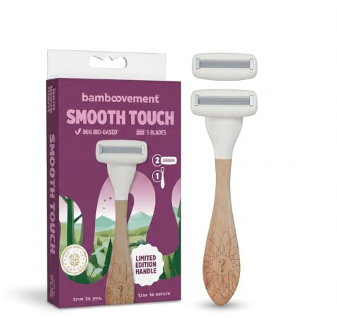 Bamboovement Smooth Touch Körperrasierer – Limited Edition, gravierter Bambusgriff, 5 schwedische Rasierklingen, 2 Nachfüllklingen, flexibler Kopf, ohne Gleitstreifen
