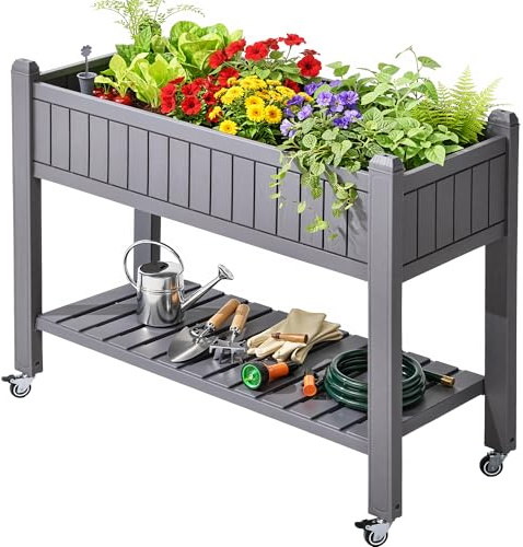 YITAHOME Hochbeete 108.5X44X89.5CM,rechteck mit Rädern Abflusslöche Rollen | Hochbeet für Kletterpflanzen,erhöhter Übertopf hält 6.8 kg für Gemüse, Blumen Grau