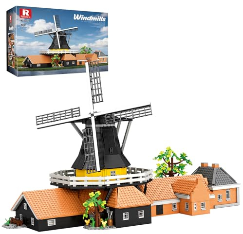 Reobrix 55019 Niederländische Windmühle Architektur Klemmbausteine Erwachse | Großes Windmühlenmodell mit Drehbare Windmühlenflügel, Gestaltete Landschaft mit Pflanzen, Wegen, Dekorationen, Sammlermodell