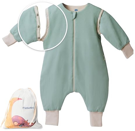 Mababu Baby Schlafsack mit Füßen 0,5 TOG – Sommer & Übergangszeit – 100% GOTS Bio-Baumwolle – Babyschlafsack mit abnehmbaren Ärmeln & umklappbaren Bündchen (Sea Green, 104/110)