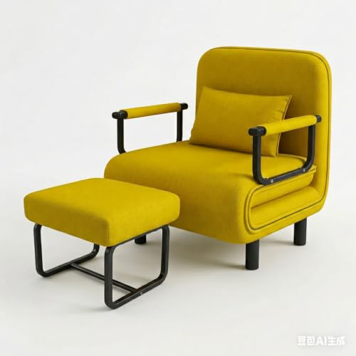 Fabulcozy Canapé Lit Convertible 3 en 1, Fauteuil avec Repose-Pieds Assorti et Dossier Réglable 5 Positions (0° à 90°), Tissu Lin-Coton, Structure Métal, pour Salon, Chambre, Bureau,Jaune