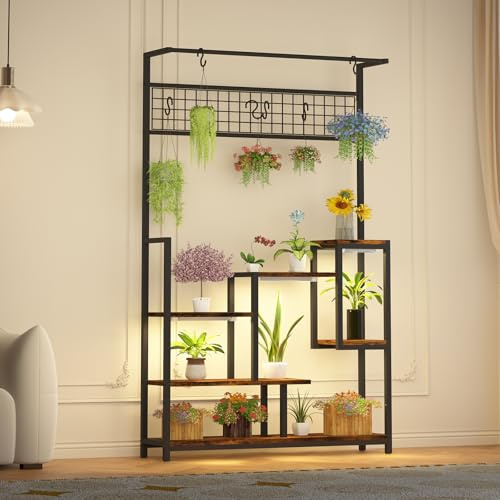 GarveeHome Pflanzenständer Mit LED Pflanzenlicht, 5 Etagen Pflanzenregal Aus Metall Und MDF, Tigerholz Optik, 3 Lampenköpfe, 9 Helligkeitsstufen, Timer 3 9 12 h, 6 s Haken, Kippschutz, 100×25×180 cm