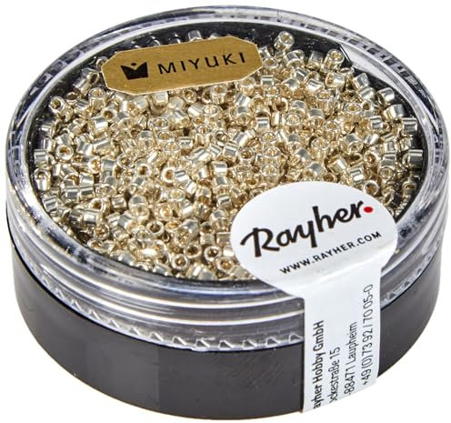 Rayher Hobby Rayher Delica-Rocailles, Miyuki-Rocailles, metallic, silber, 1,6 mm ø, Dose 4 g, Perlen zum Auffädeln, Glasperlen klein, 14760606