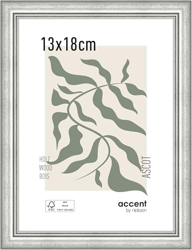 accent by nielsen Bilderrahmen, 13 x 18 cm, Holz, Silber, Fotorahmen zum Auftstellen und Aufhängen im Hoch- & Querformat, Echtglas, Ascot