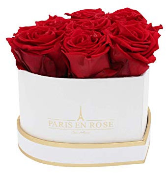 PARIS EN ROSE Rosenbox HERZ | mit 8 bordeaux-roten Infinity Rosen Größe XL | herzförmige Box in Weiß mit Gold | ewige Rose | 3 Jahre haltbar | Grußkarte