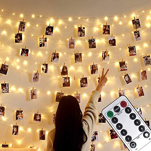 Microwear 10m LED Fotolichterkette (100LED) mit Fernbedienung – USB & Batteriebetrieb, 8 Lichtmodi, 50 Clips + 25 Nägel – Deko für Innenraum, Hochzeit, Party, Weihnachten