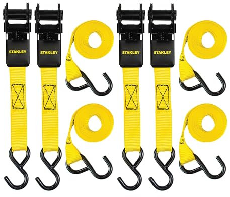 STANLEY S9500 Lot de 4 Sangles à cliquet Noir/Jaune de 2,5 cm x 3 m – Cargo léger (Charge de Travail de 136 kg/résistance à la Rupture de 408 kg)