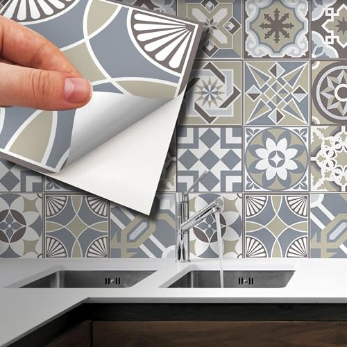 WALPLUS 120 Pcs 15cm(6) Tile Stickers Peel and Stick Backsplash Self-Adhesive Removeable Stick on Wall Vinyl Home Decoration DIY for Living Kitchen Bedroom Splashbacks - Limestone Spanish