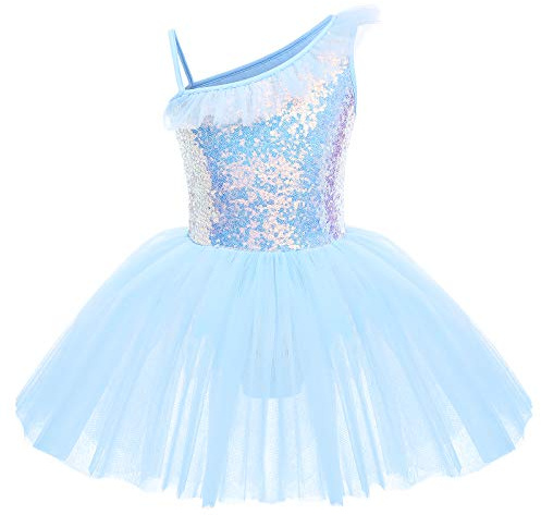 IWEMEK Kinder Ballettkleidung Mädchen Ballettkleid Ärmellos Rüsche Pailletten Balletttrikot Ballettanzug Tanzkleid Tanzbody mit Tütü Rock Ballettrock Gymnastik Tanzbekleidung Blau 5-6 Jahre