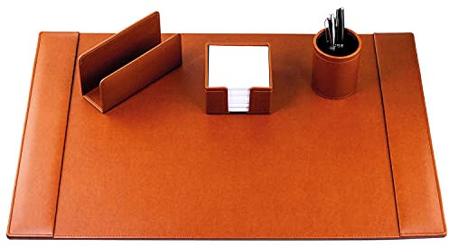 DELMON VARONE - Schreibtischset 4-teilig im veganen Kunstleder Braun - Büroset mit Schreibunterlage, Briefständer, Zettelkasten & Stifteköcher - Bürobedarf & Schreibtisch Organisation edel & modern