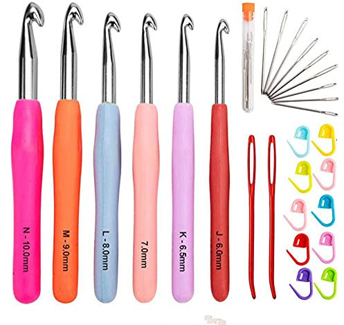 QincLing 27-teiliges Häkelnadel-Set, 6 bunte, ergonomische, weiche Gummi-Häkel- und Stricknadeln mit Komfortgriff, Haushaltswerkzeug, Häkelset, tunesische Häkelnadel, Aluminium-Strickzubehör für Anfän