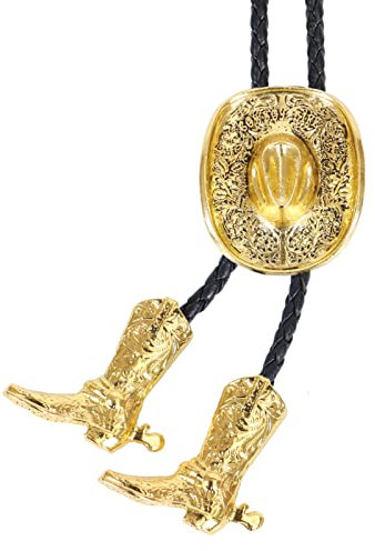 Bolo Krawatten für Herren Western - 3D Cowboy Hut Bolo Tie Design mit Vintage Cowboy Stiefeln Bolo Krawatte Western Bolotie Cowboy Bola Krawatte, Goldfarbener Cowboyhut, Large