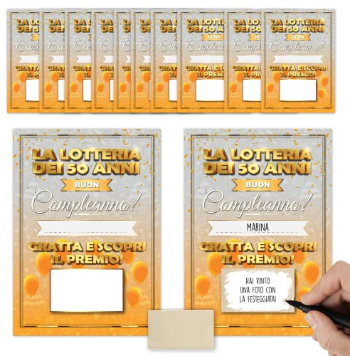 Gratta e Vinci Personalizzato Gioco Compleanno - La Lotteria del 50enne - 12 Gratta e Scopri per Compleanni - Bigliettini Grattabili Per Intrattenere Gli Ospiti - Idea Regalo 50 Anni Uomo Originale