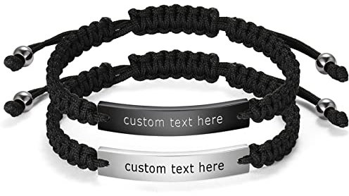 JewelryWe Schmuck 2pcs Personalisierte Pärchen Armband Lederarmband mit Gravur, Edelstahl Leder Seil geflochten Partnerarmband Freundschaftsarmband Paar Armreifen Verstellbar, Schwarz Silber