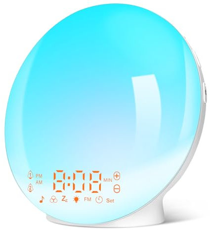ARTINABS Wake-up Light, Despertador de Luz Amanecer Simulación de Amanecer y Anochecer, 2 Alarmas, 11 Luces de Colores, 20 Niveles de Brillo, Función Snooze, 7 Sonidos Naturales, Radio FM