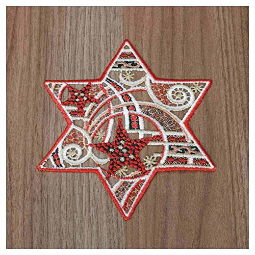 DSD Design-Studio Drechsler Winter-Tischdecke Sternenschweif Plauener Spitze modernes Deckchen Stern mit Mustern Tischdeko Advent rot-Gold