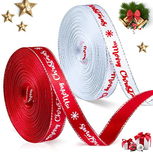 Syhood 2 Rollen Weihnachtsband zum Geschenkverpackung, Jeweils 10 mm x 9 Meter, Weihnachtsband zum Basteln Satinband Ripsband für Feiertage Weihnachten Gastgeschenke DIY(Süßer Stil,Weiß, Rot)