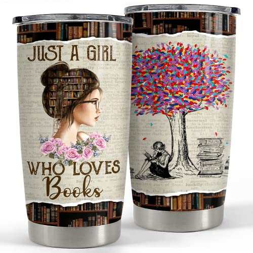 SANDJEST Becher mit Deckel, Buchliebhaber, Just A Girl Who Loves Books, 590 ml, Geschenk für Bibliothek, Buchliebhaber, Frauen, Leser, Bücherwurm, Weihnachten, Urlaub, Geburtstag