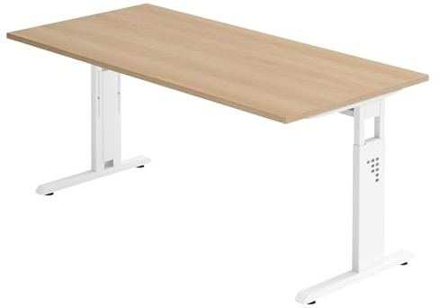 bümö höhenverstellbarer Schreibtisch O-Serie 160x80 cm in Eiche, Gestell in weiß - PC Tisch für's Büro manuell höhenverstellbar, Computertisch verstellbar