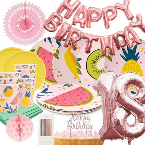 PARTY PARTY 80 Teile Geburtstag Sommer Partygeschirr 18. Geburtstag rosa Deko, 8 Gäste (Becher, Teller, Servietten, Tortendeko, Folienballons, Girlande, Wabenball) Kindergeburtstag Mädchen