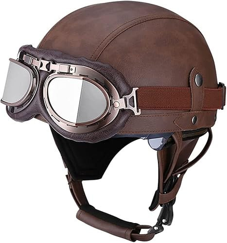 Deutschen Retro Motorrad PU Leder Helm Open Face Motorradhelm mit Schutzbrille ECE-Zulassung Motorradkreuzer-Rollerhelm im Scooter Mofa-Helm Vintage Jethelm für Herren Damen Dark Brown,L