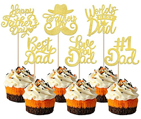 Rsstarxi 24 Pack Happy Father's Day Cupcake Toppers Gold Glitter Worlds Best Dad Love Dad Cupcake Picks for Happy Father 's Day Dad Birthday Theme Party Cake Decorations Supplies