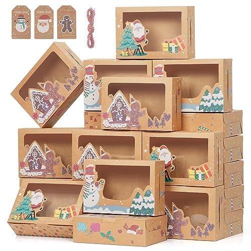 CUSWARE 24 Stück Weihnachts Kekskästen Boxen, 3 Art Entwurf Geschenkboxen Weihnachten Plätzchen Cupcake Boxen mit Sichtfenster Anhänger, Seil und Tags, für Weihnachten Brot Kekse Schokolade