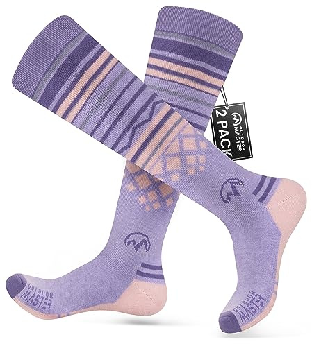 OutdoorMaster Lot de 2 paires de chaussettes de ski unisexes en laine mérinos pour homme/femme (OTC) avec revers antidérapants, chaussettes thermiques pour l'hiver, le snowboard