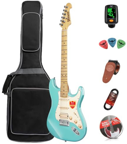 Bullfighter Kit per principianti per chitarra elettrica, dimensioni standard, 99 cm, borsa, tracolla, corda, accordatore, cavo e plettri (verde)