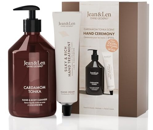 Jean & Len Hand Ceremony Cardamom & Tonka, mit Hand & Body Cleanser und Hand Treatment, hochwertige Geschenkbox, sanft-würziger Duft, Verpackung ist FSC zertifiziert, veganes Geschenkset