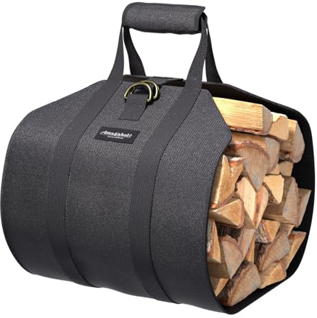 Amagabeli Fireplace Carrier Waxed Canvas Fire Place Sturdy Wood Carring Bag with Handles Security Strap for Camping Indoor Firewood Logs Tote Log Holder Birchwood Stand Black
